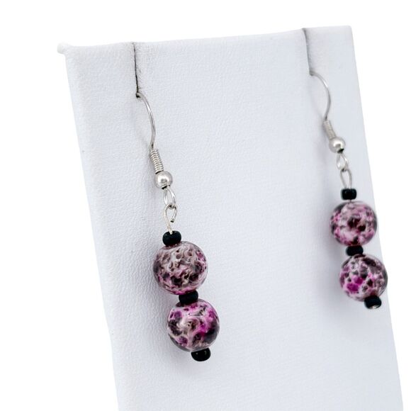 Vintage Sterling Silver 925 Purple Swirl Glass Beaded Dangle Earrings - Picture 3 of 6